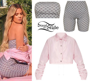 Khloe Kardashian: Grey Two-Piece, Pink Jacket | Steal Her Style