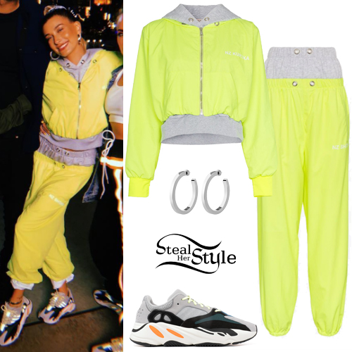 Hailey Baldwin: Yellow/Grey Jacket and Pants | Steal Her Style