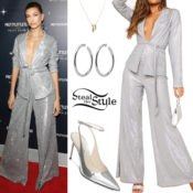 Hailey Baldwin: Silver Glitter Jacket and Pants | Steal Her Style