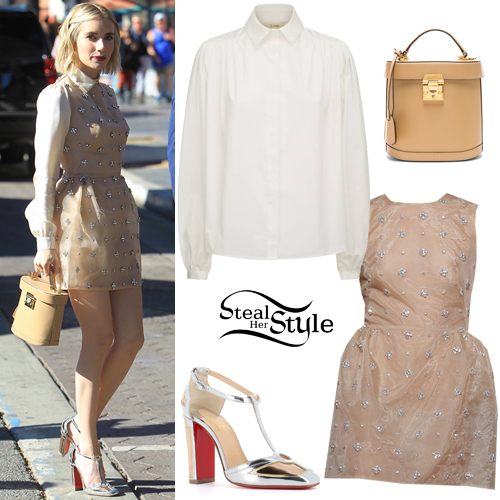 Emma Roberts: Embellished Dress, Metallic Shoes | Steal Her Style