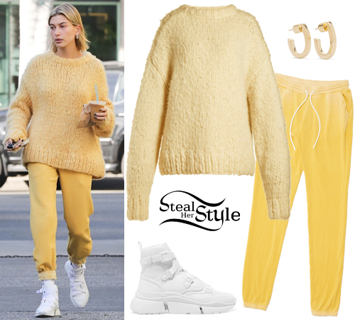 Hailey Baldwin Yellow Cashmere Sweater And Joggers Steal