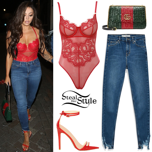 Jesy Nelson: Red Lace Bodysuit, Skinny Jeans