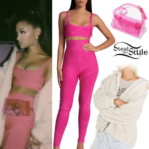 Ariana Grande Pink Top And Leggings Teddy Coat Steal Her Style