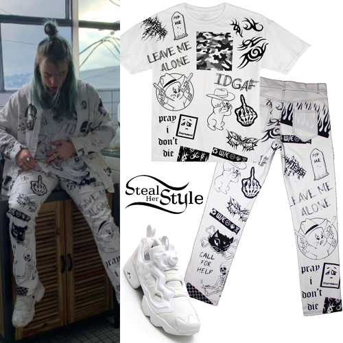 Billie Eilish: White Tattoo Print Tee and Pants | Steal ...
