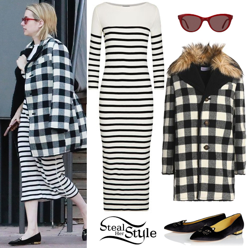 Emma Roberts: Checked Coat, Striped Dress | Steal Her Style