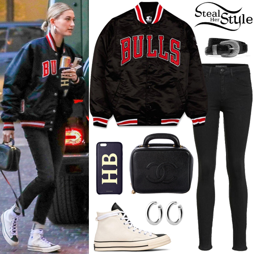 Hailey Baldwin: Bulls Jacket, Black Jeans | Steal Her Style