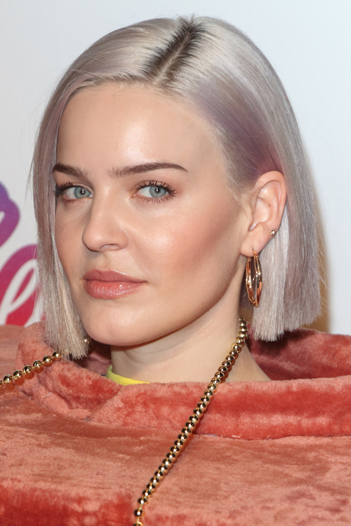 Anne-Marie Straight Silver Blunt Cut, Dark Roots Hairstyle 