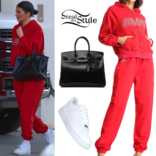 Kylie Jenner: Red Jacket and Pants, White Shoes | Steal Her Style