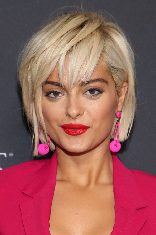 Bebe Rexha Straight Platinum Blonde Choppy Bangs, Choppy Layers ...