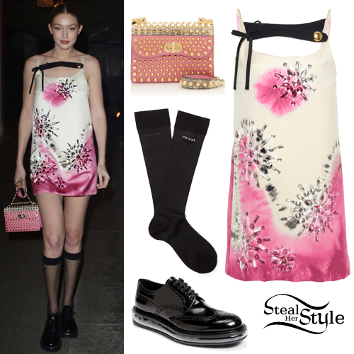 Gigi Hadid: Pink Mini Dress, Black Brogues