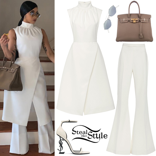 Cardi B: White High Neck Blouse and Pants