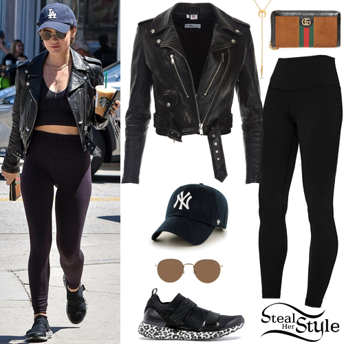 Lucy Hale: Leather Jacket, Black Leggings | Steal Her Style