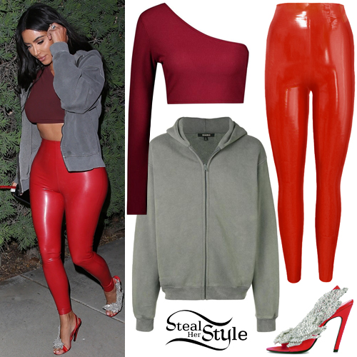 Kim Kardashian: Grey Hoodie, Red Latex Leggings