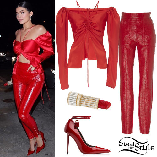 Kylie Jenner: Red Open Top and Leather Pants