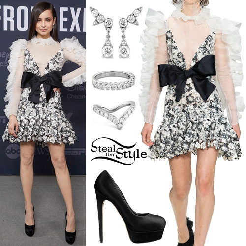 Sofia Carson: Bow Mini Dress, Black Pumps | Steal Her Style