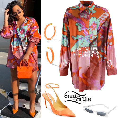 Dovenskab smøre Produktion Demi Lovato: Printed Shirt, Orange Pumps | Steal Her Style