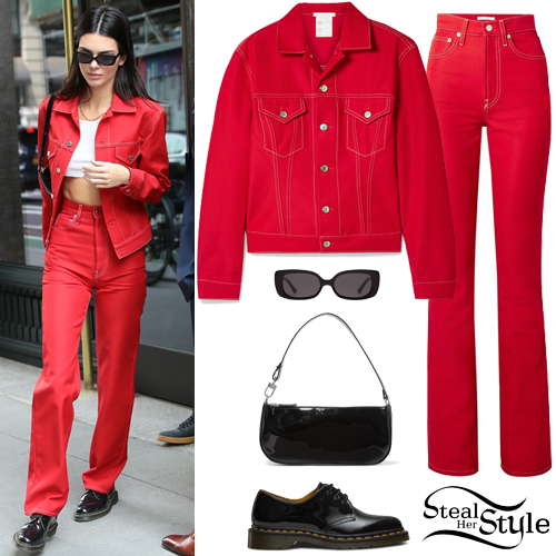 Kendall Jenner-2019-Jacket-Style Red,- White Basic Tee-With