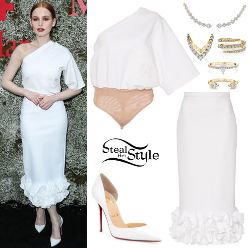 Madelaine Petsch: White Blouse, Ruffled Skirt