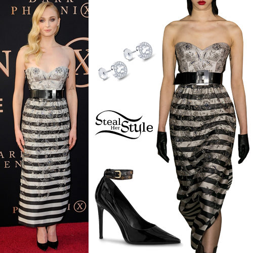 Sophie Turner: Belted Dress, Patent Pumps | Steal Her Style
