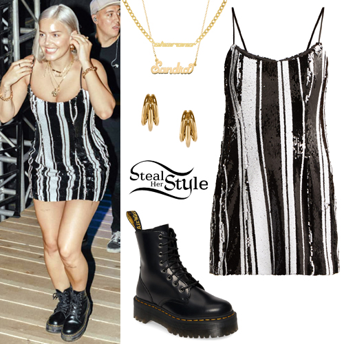 Anne-Marie: Striped Sequin Dress, Black Boots | Steal Her Style