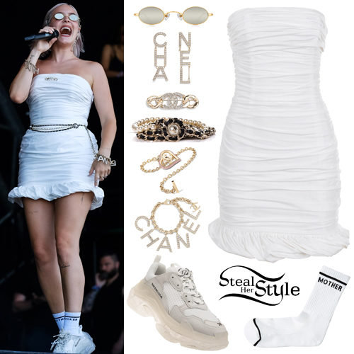 Anne-Marie: White Mini Dress, Chain Belt