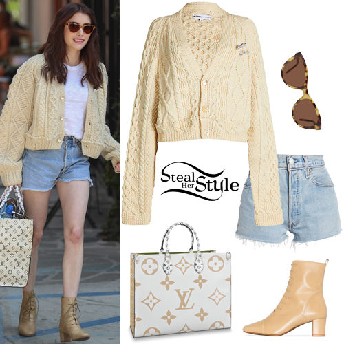 emma roberts wears a knitted yellow cardigan and denim shorts during a  shopping trip to louis vuitton in los angeles-080719_4