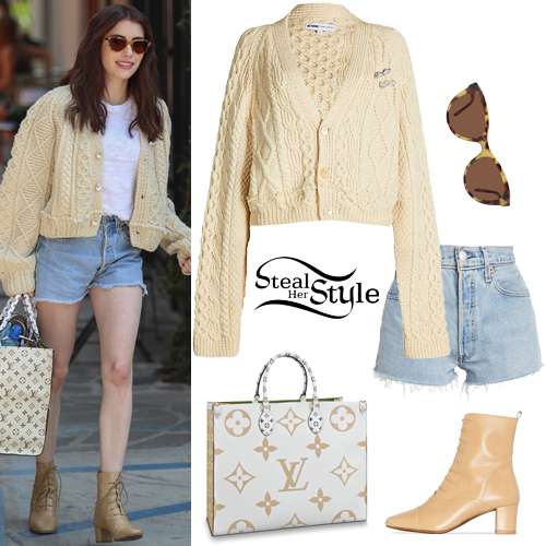 Emma Roberts: Cropped Cardigan, Denim Shorts | Steal Her Style