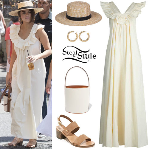 Selena Gomez Wears a Cute White Maxi Dress and Straw Hat in Italy