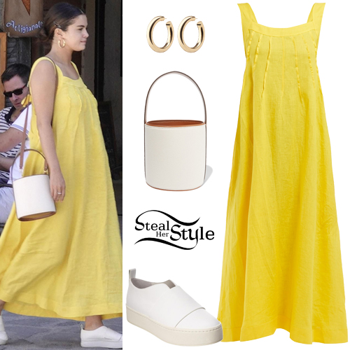 Selena Gomez: Yellow Maxi Dress, White Sneakers | Steal Her Style