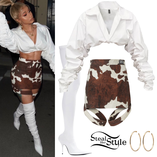Cardi B: White Blouse, Cow Print Skirt | Steal Her Style