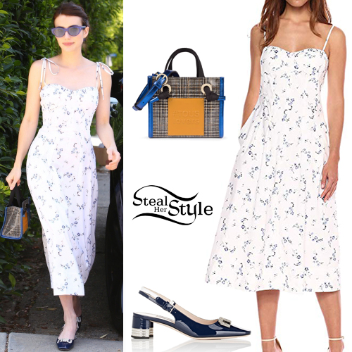 Emma Roberts: Floral Midi Dress, Patent Pumps | Steal Her Style