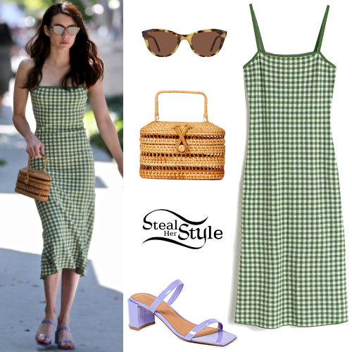 Emma Roberts Green Midi Dress Lilac Sandals Steal Her Style