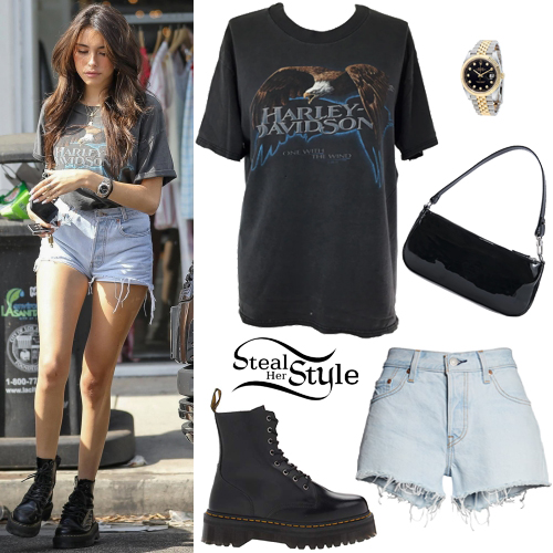 Madison Beer: Harley Davidson Tee, Denim Shorts | Steal Her Style