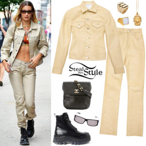 Bella Hadid: Beige Leather Jacket and Pants | Steal Her Style
