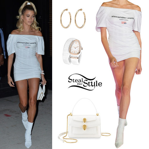 Hailey Baldwin Wearing White Boots With T-Shirt as a Dress