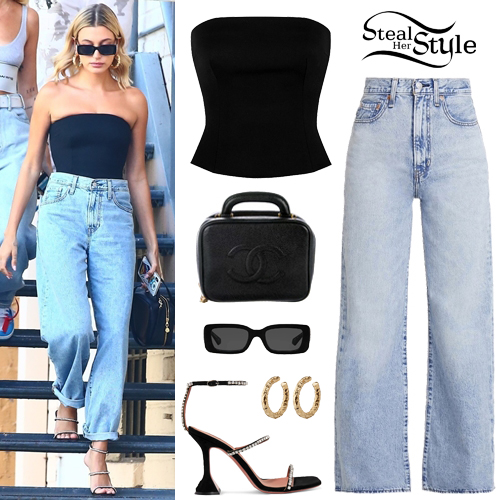 Hailey Baldwin: Black Corset, Oversized Jeans | Steal Her Style