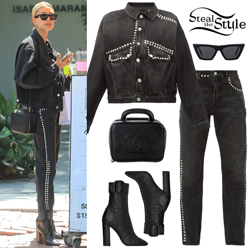 Hailey Baldwin: Studded Denim Jacket and Jeans | Steal Her Style