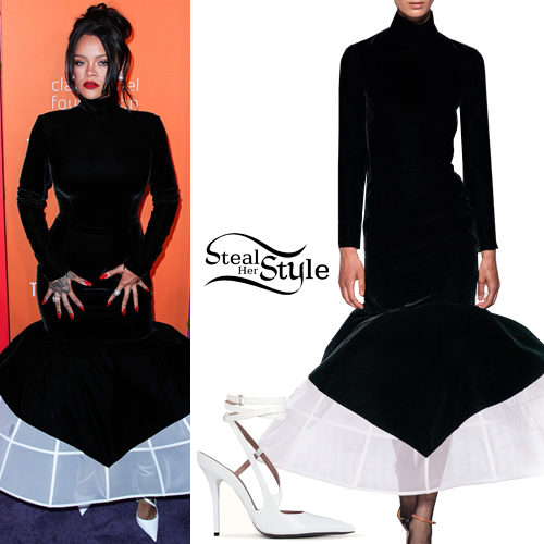 Rihanna: Black Velvet Gown, White Pumps 