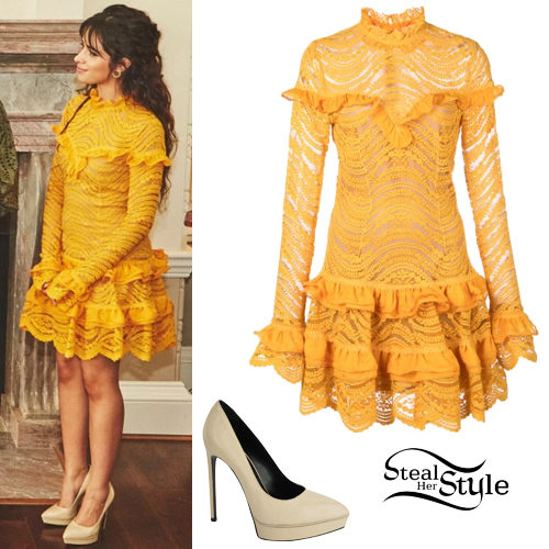 Camila Cabello: Yellow Lace Dress, Nude Pumps | Steal Her Style