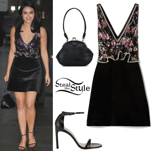 Camila Mendes: Velvet Mini Dress, Black Sandals | Steal Her Style