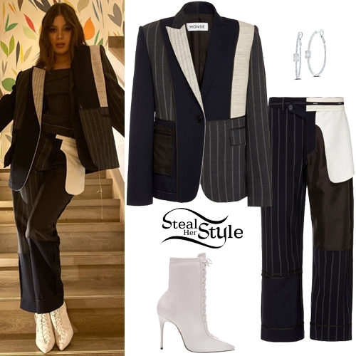 Hailee Steinfeld: Navy Patchwork Suit, White Boots | Steal Her Style