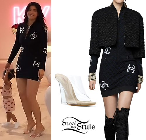 kylie jenner black quilted dress clear mules  steal her