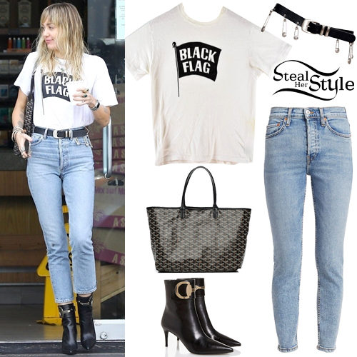 Miley Cyrus: Black Flag T-Shirt, Cropped Jeans