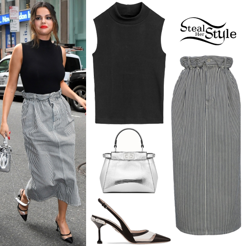 Selena Gomez: Black Tank Top, Striped Skirt | Steal Her Style