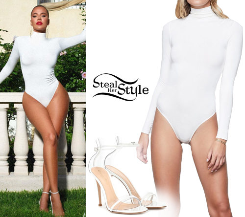 Khloe Kardashian: White Bodysuit, Strappy Sandals