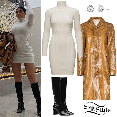Kylie Jenner: Knit Turtleneck Dress, Patent Boots | Steal Her Style
