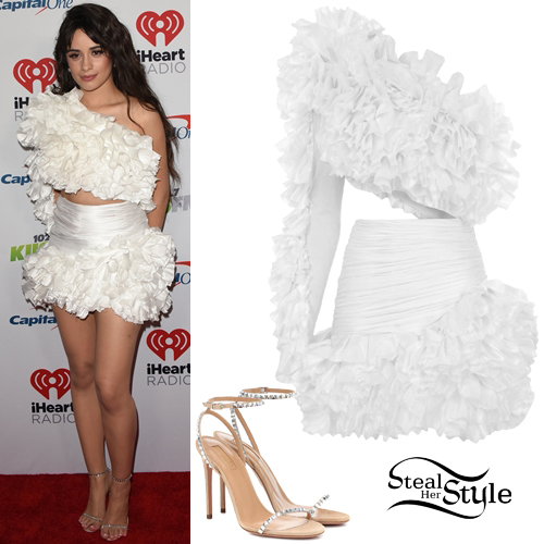 Camila Cabello White Ruffled Dress Crystal Sandals camila-cabello-white-ruffled-dress-crystal-sandals