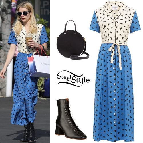 Emma Roberts: Blue Printed Dress, Black Boots | Steal Her Style