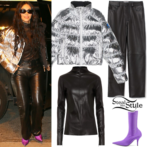 Kim Kardashian: Silver Jacket, Leather Pants | Steal Her Style