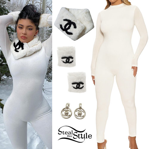 Kylie Jenner: White Jumpsuit, Fur Scarf